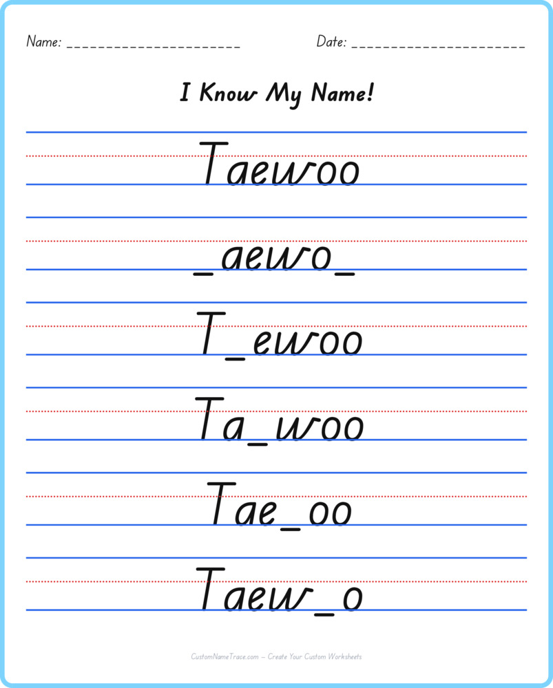 Free Taewoo custom name tracing - fill-in-the-blank free worksheet