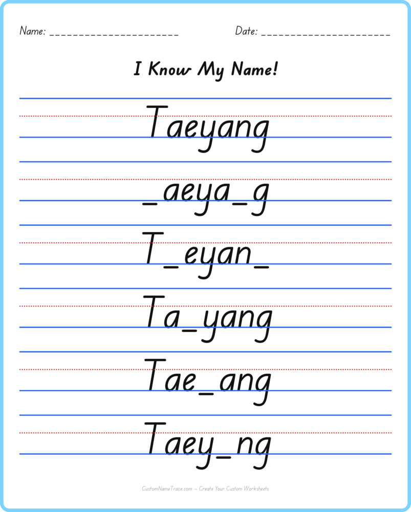 Free Taeyang custom name tracing - fill-in-the-blank free worksheet