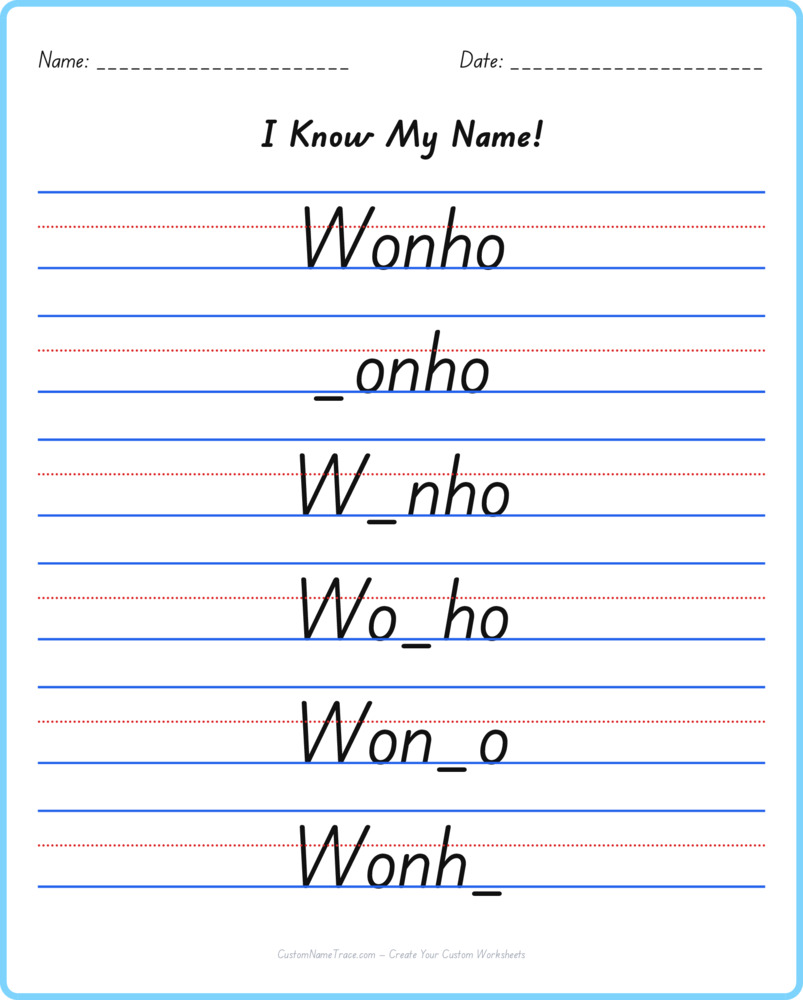 Free Wonho custom name tracing - fill-in-the-blank free worksheet