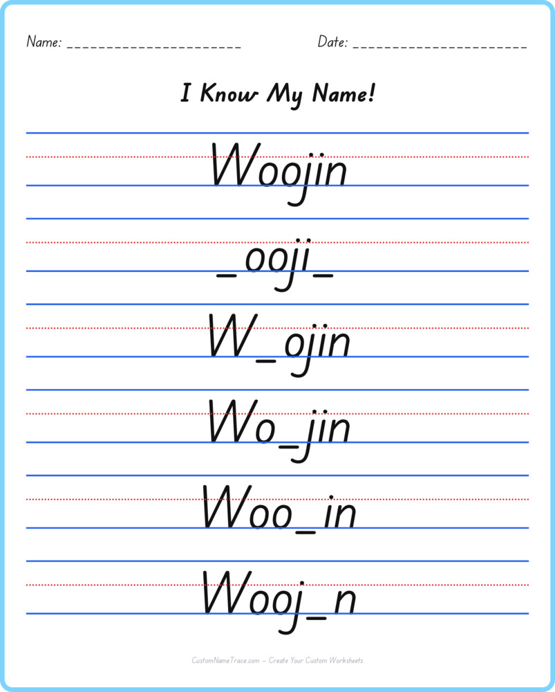 Free Woojin custom name tracing - fill-in-the-blank free worksheet