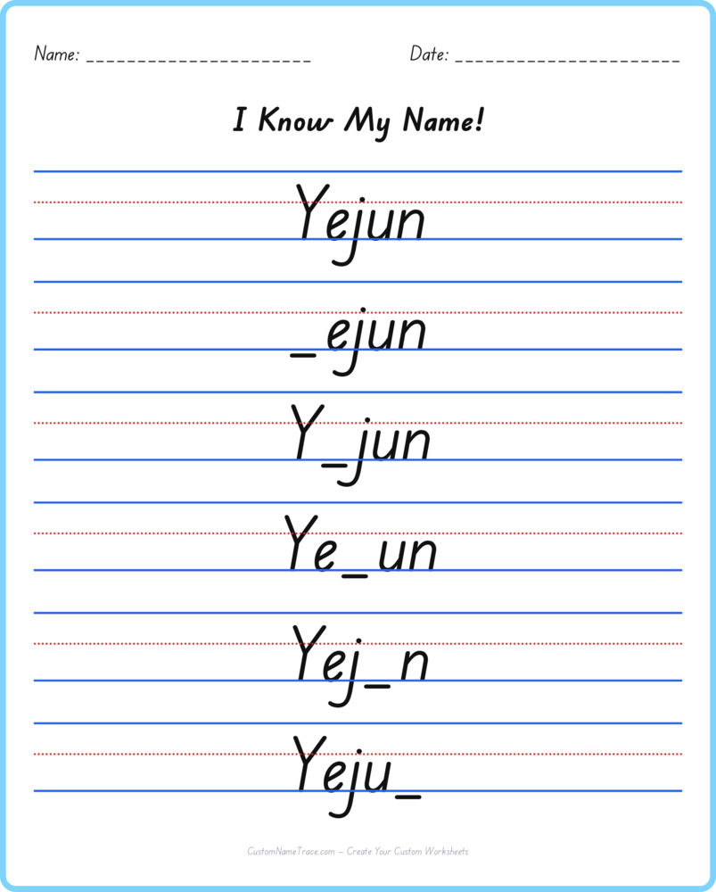 Free Yejun custom name tracing - fill-in-the-blank free worksheet