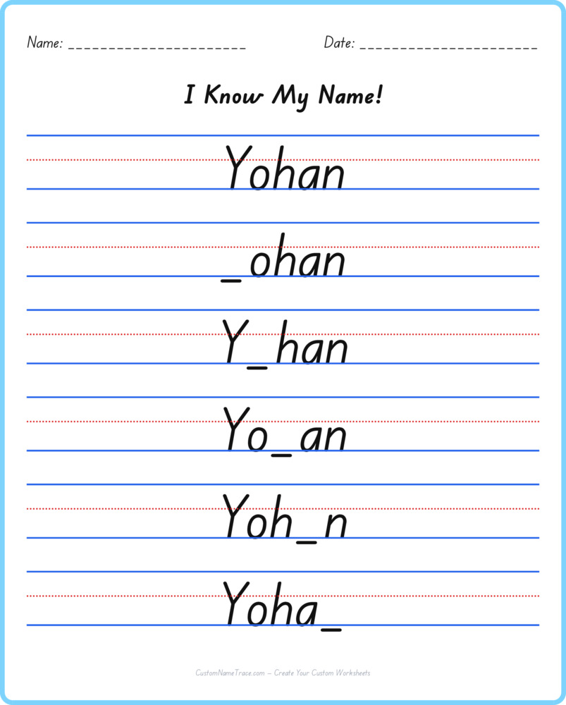Free Yohan custom name tracing - fill-in-the-blank free worksheet