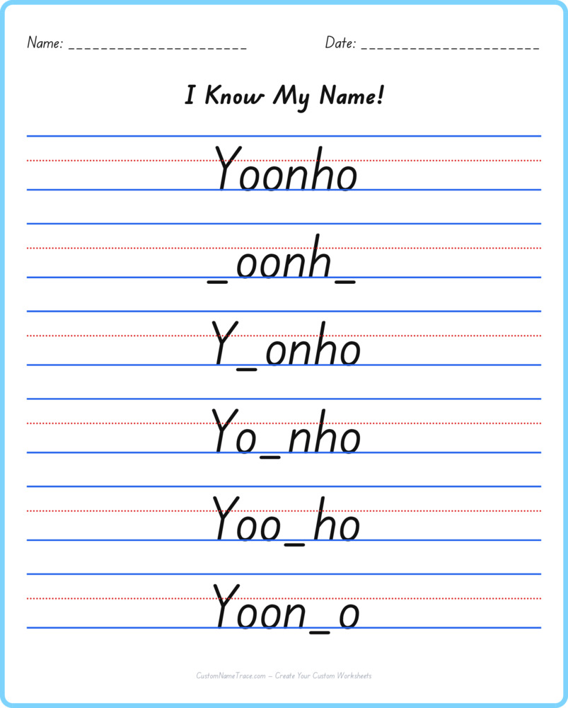 Free Yoonho custom name tracing - fill-in-the-blank free worksheet