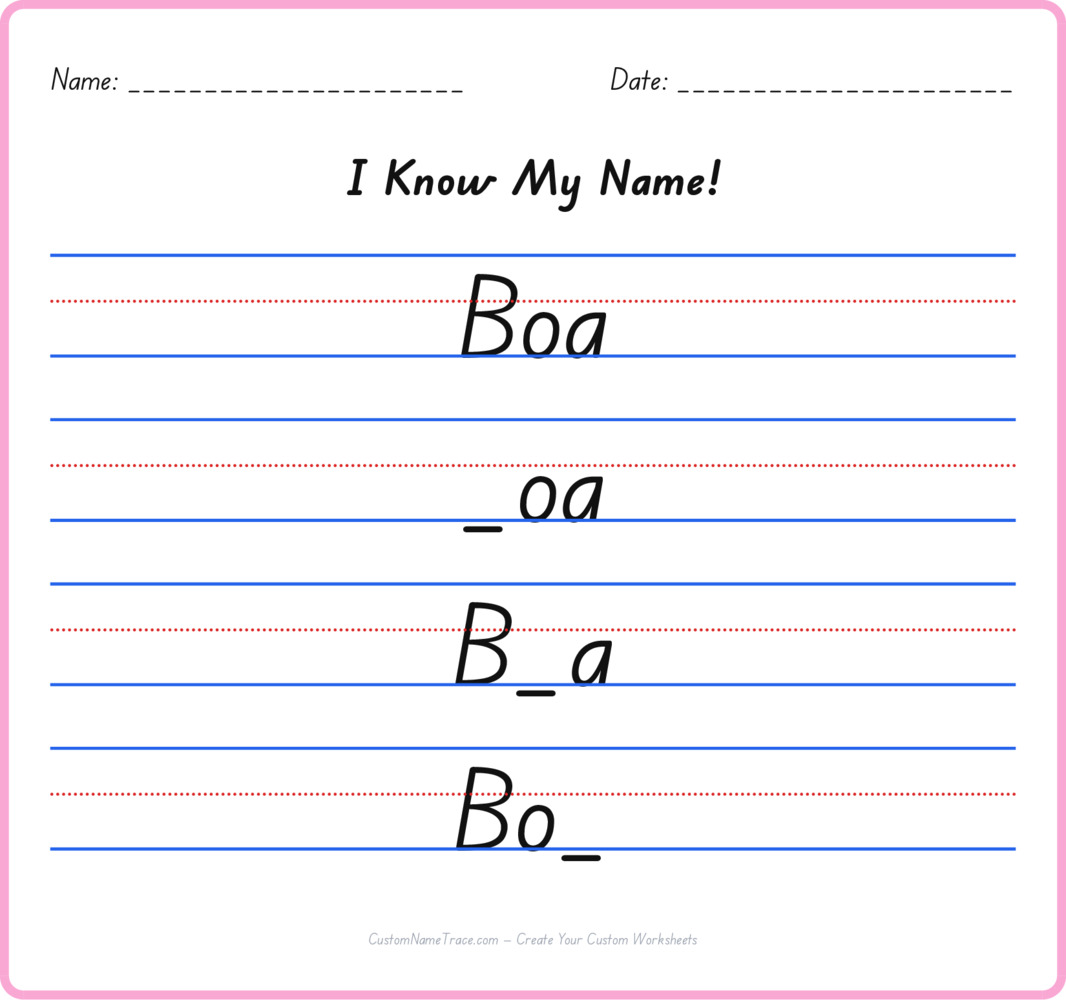 Free Boa custom name tracing - fill-in-the-blank free worksheet