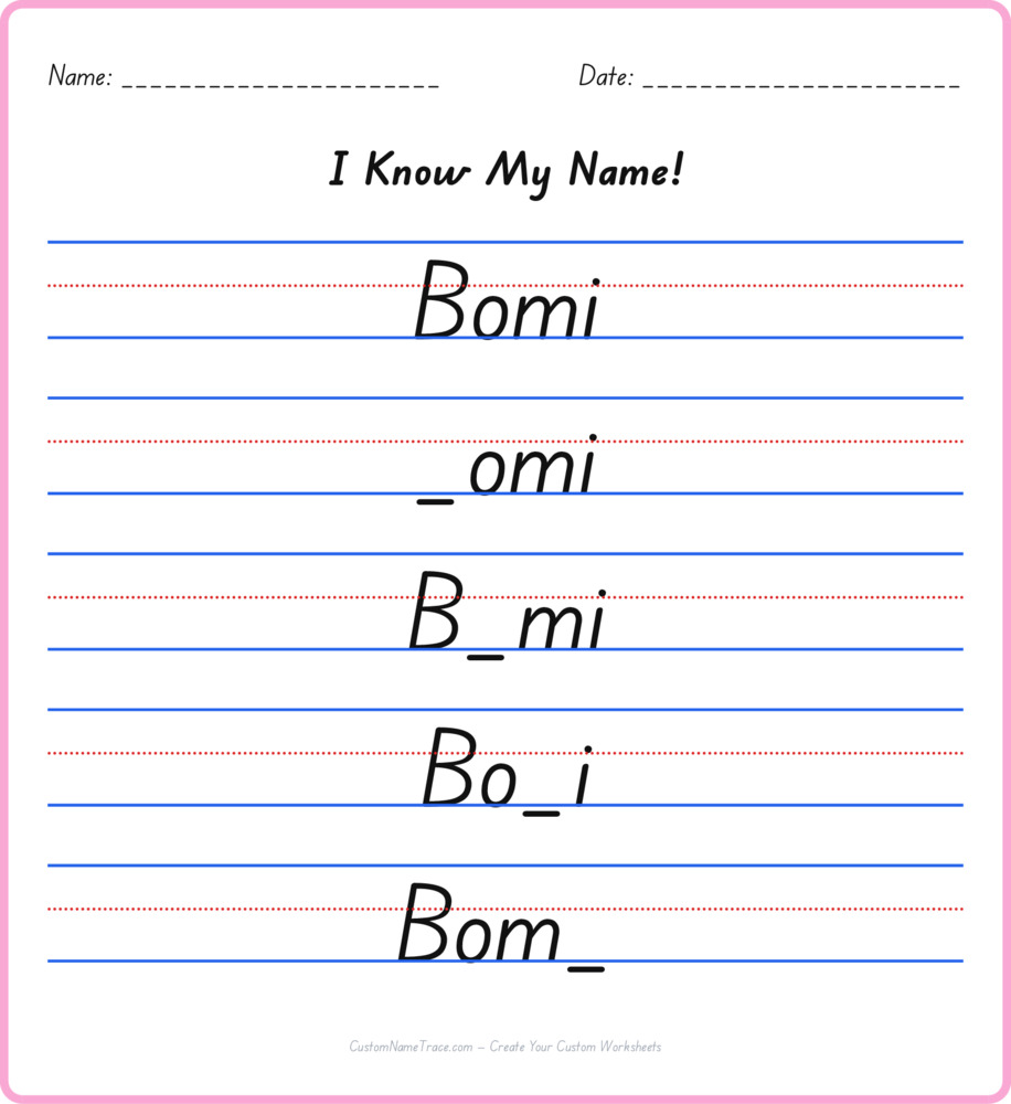 Free Bomi custom name tracing - fill-in-the-blank free worksheet