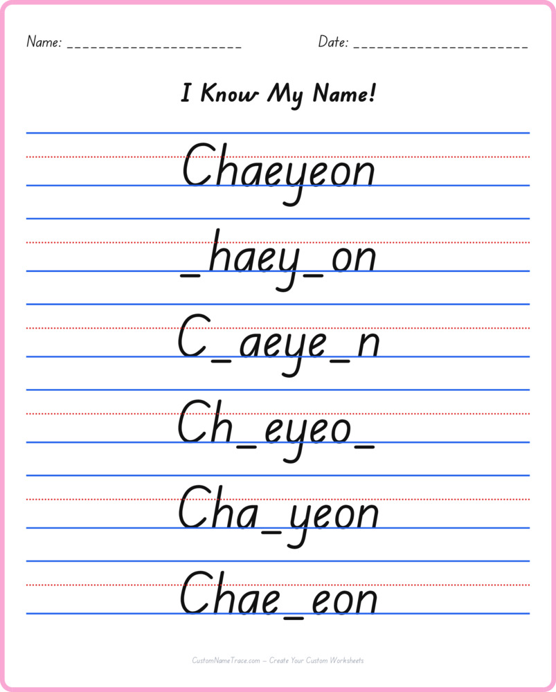 Free Chaeyeon custom name tracing - fill-in-the-blank free worksheet