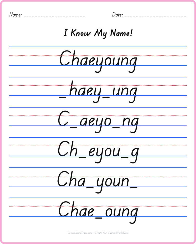 Free Chaeyoung custom name tracing - fill-in-the-blank free worksheet