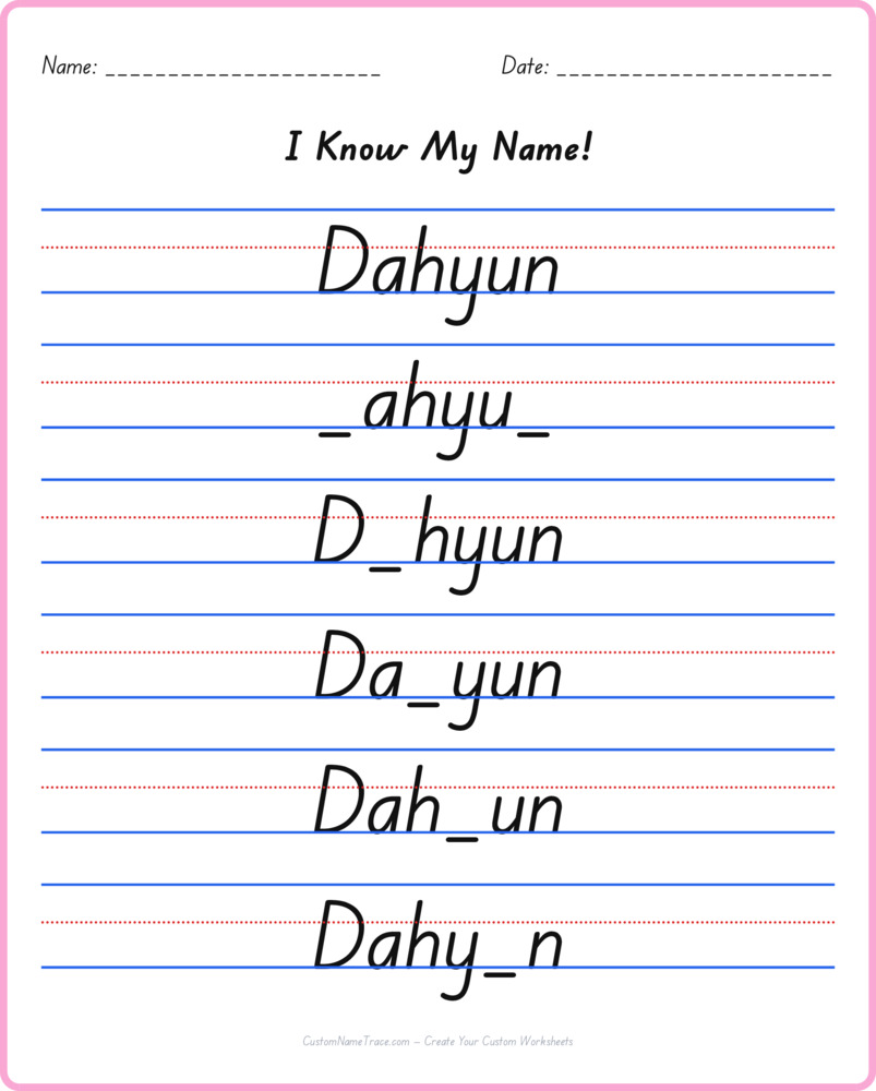 Free Dahyun custom name tracing - fill-in-the-blank free worksheet