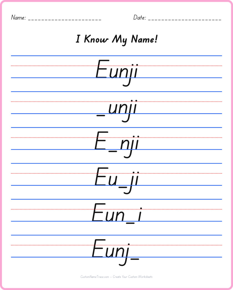 Free Eunji custom name tracing - fill-in-the-blank free worksheet