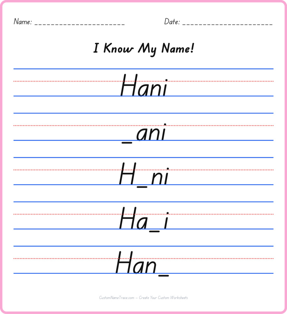 Free Hani custom name tracing - fill-in-the-blank free worksheet