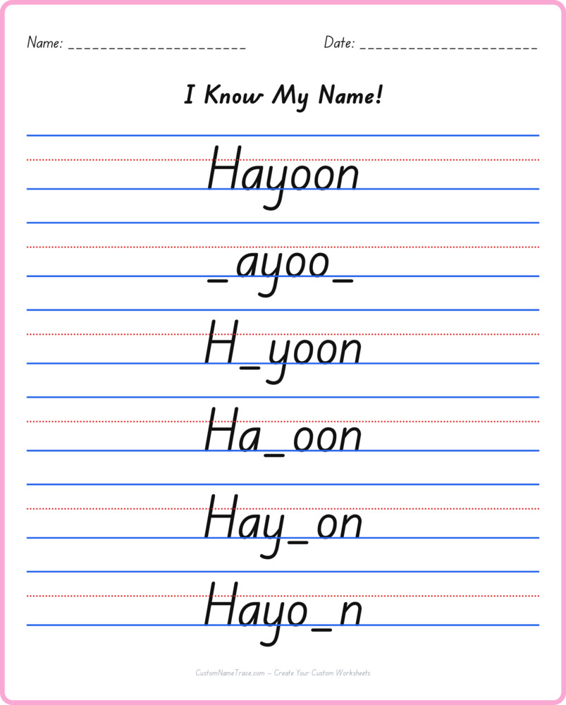 Free Hayoon custom name tracing - fill-in-the-blank free worksheet