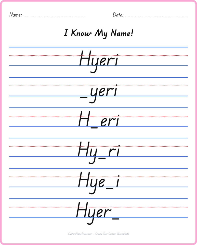 Free Hyeri custom name tracing - fill-in-the-blank free worksheet