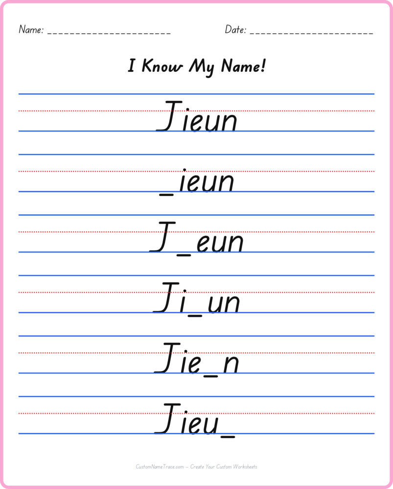 Free Jieun custom name tracing - fill-in-the-blank free worksheet
