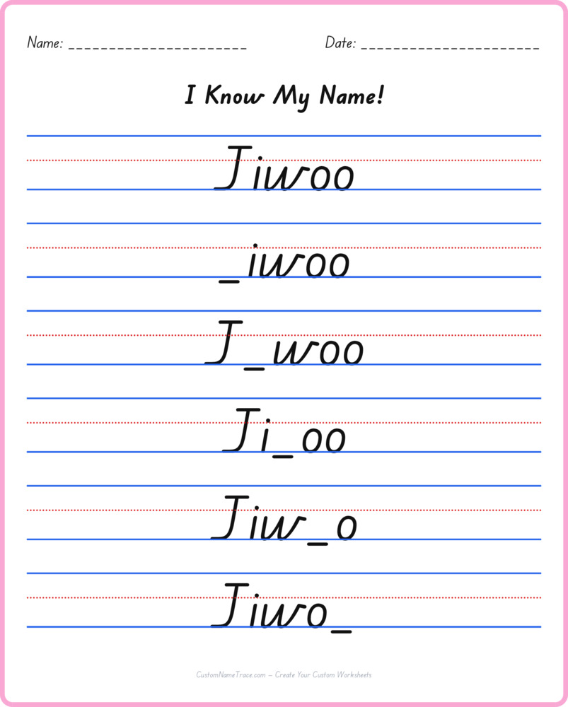 Free Jiwoo custom name tracing - fill-in-the-blank free worksheet