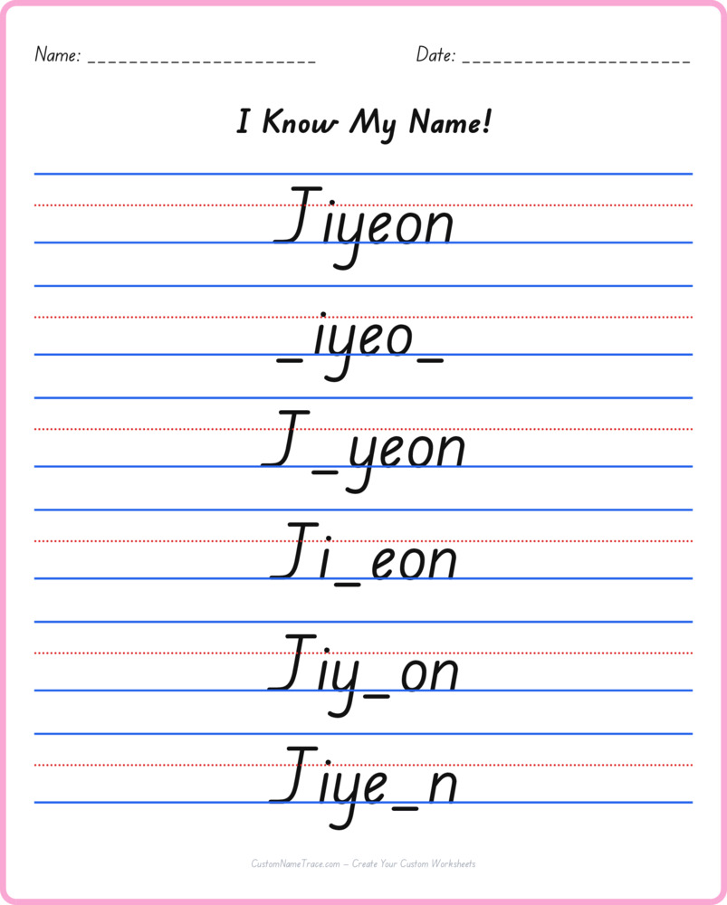 Free Jiyeon custom name tracing - fill-in-the-blank free worksheet