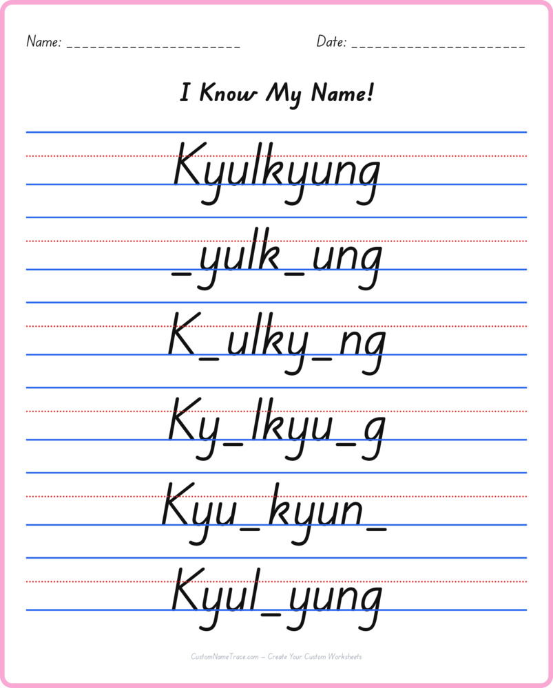 Free Kyulkyung custom name tracing - fill-in-the-blank free worksheet
