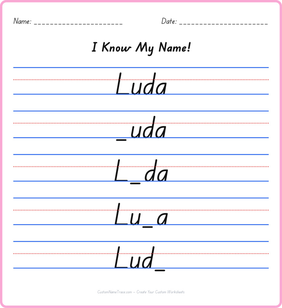 Free Luda custom name tracing - fill-in-the-blank free worksheet