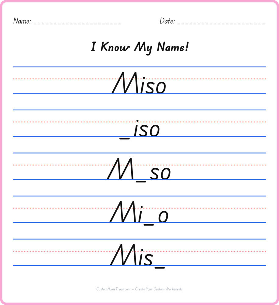 Free Miso custom name tracing - fill-in-the-blank free worksheet