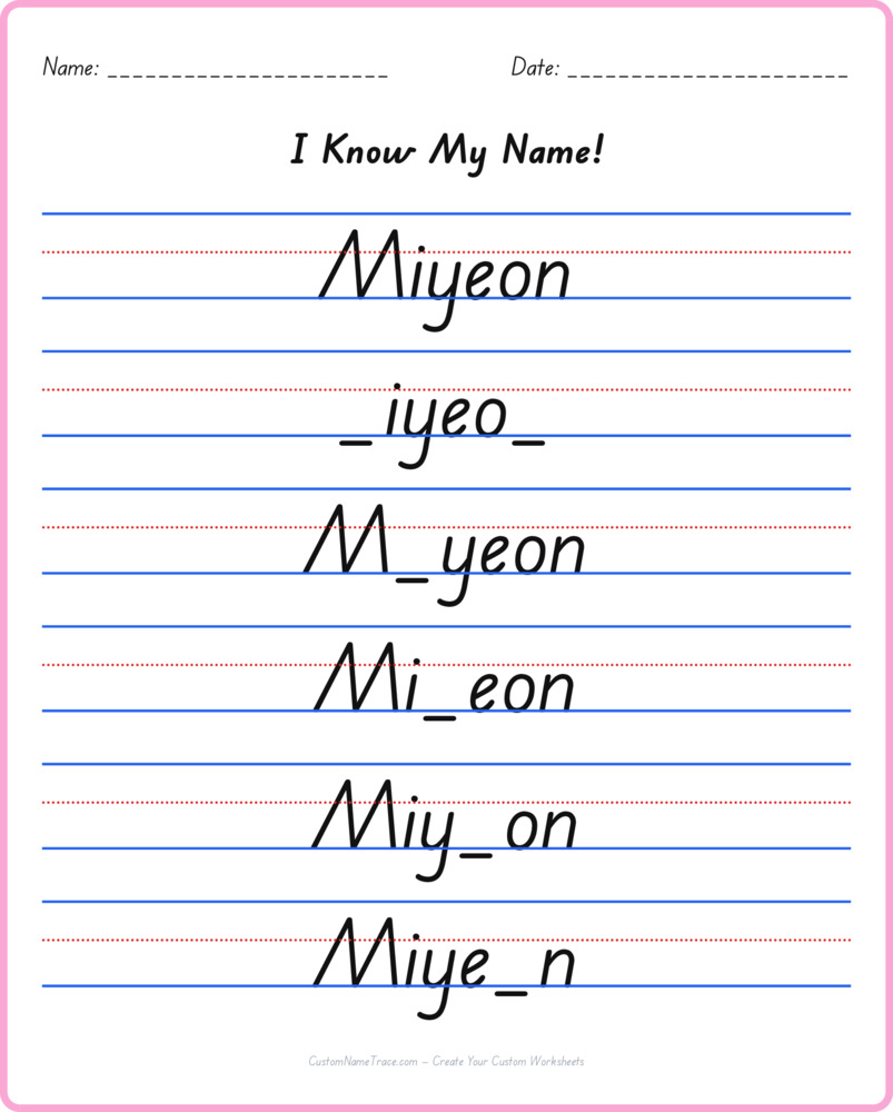 Free Miyeon custom name tracing - fill-in-the-blank free worksheet