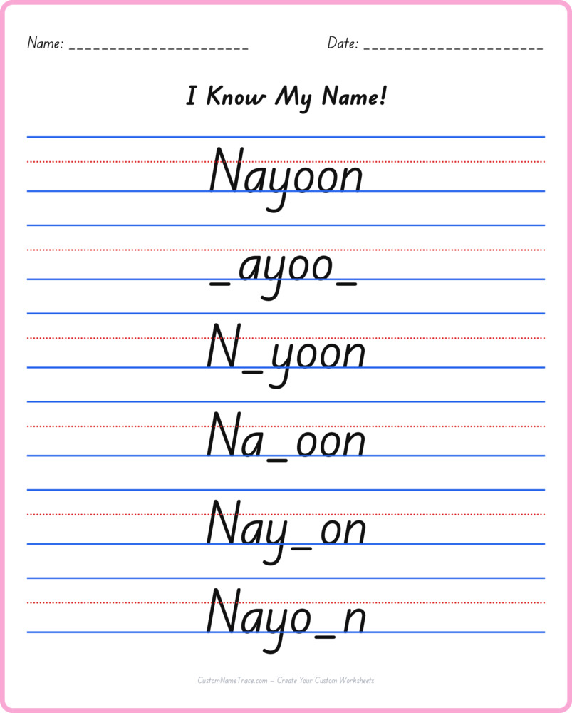 Free Nayoon custom name tracing - fill-in-the-blank free worksheet