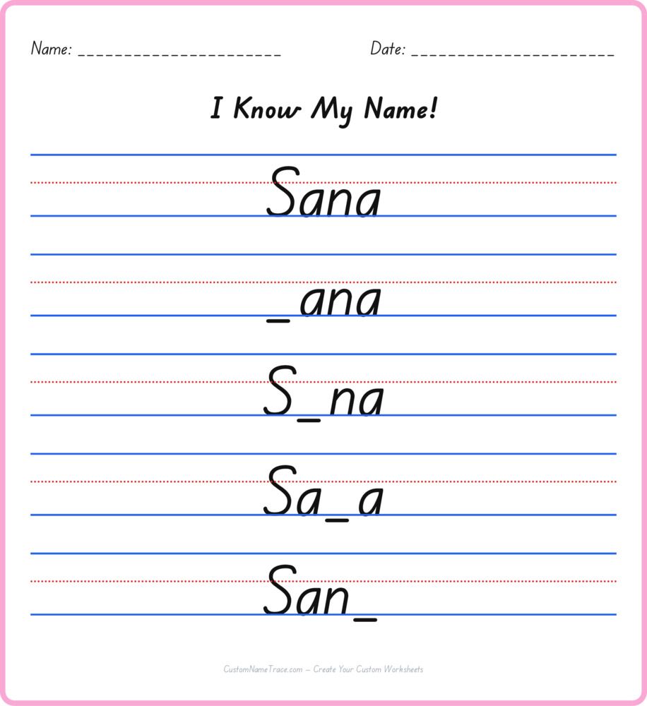 Free Sana custom name tracing - fill-in-the-blank free worksheet