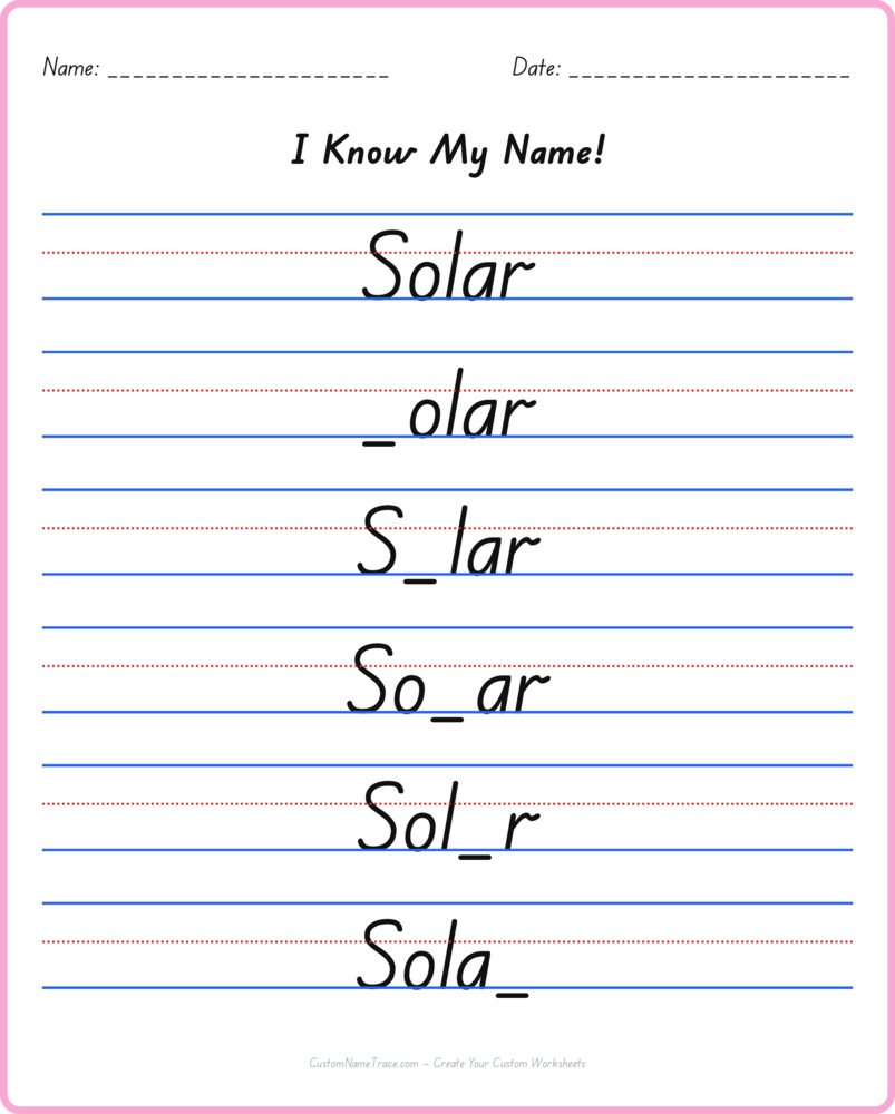 Free Solar custom name tracing - fill-in-the-blank free worksheet