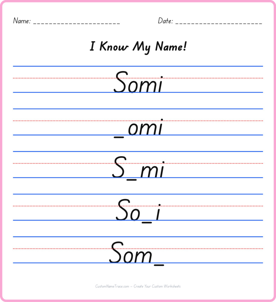 Free Somi custom name tracing - fill-in-the-blank free worksheet