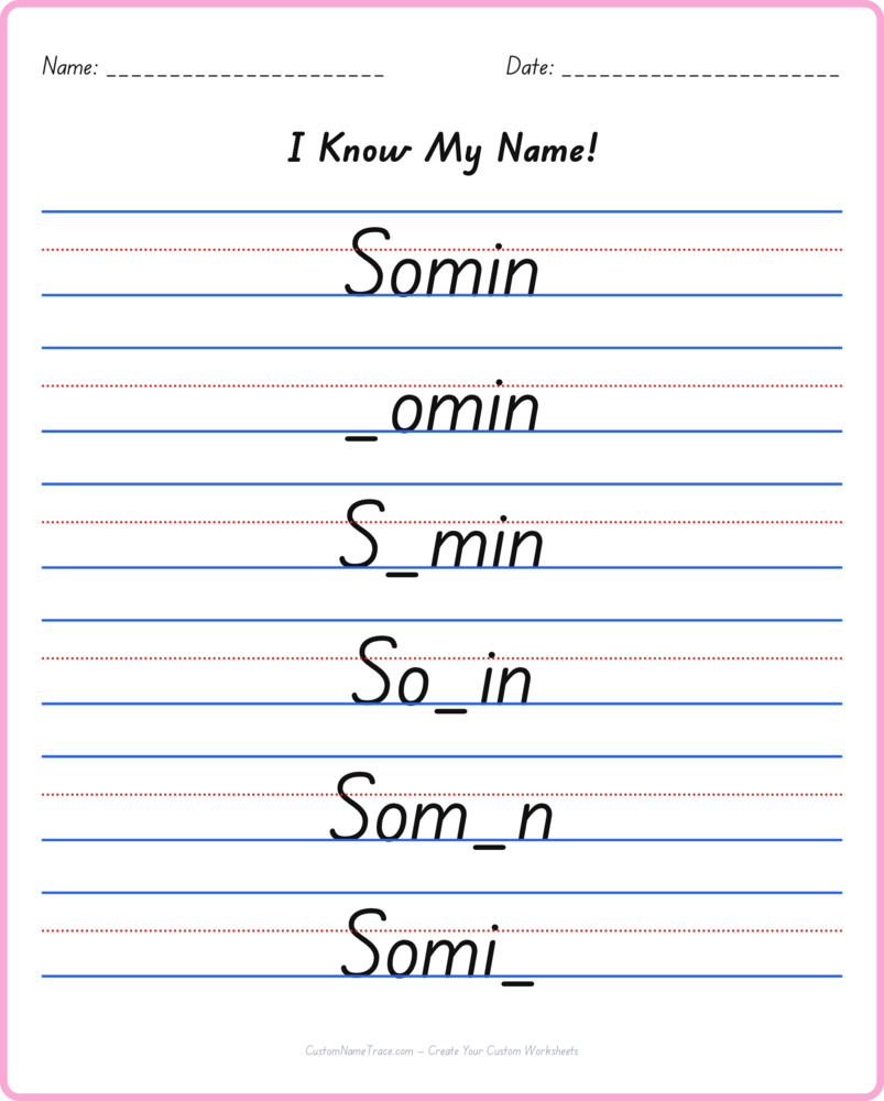 Free Somin custom name tracing - fill-in-the-blank free worksheet