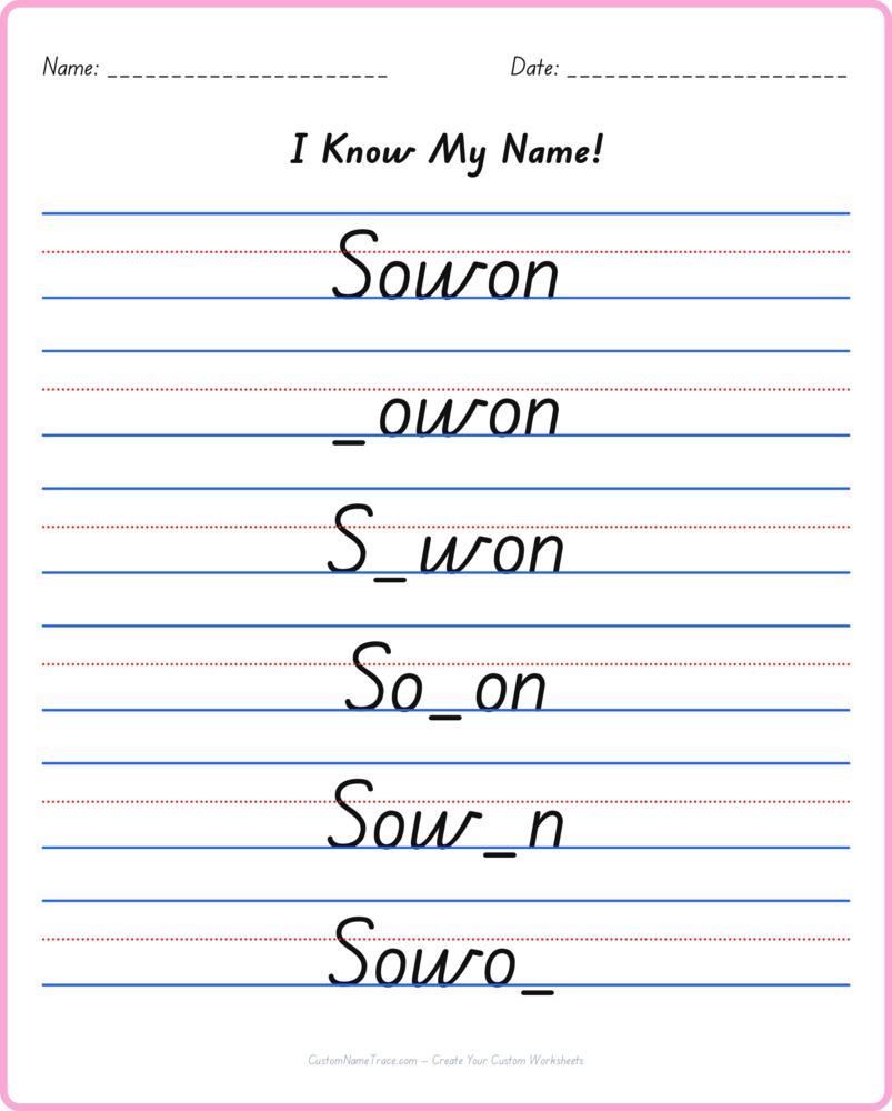 Free Sowon custom name tracing - fill-in-the-blank free worksheet