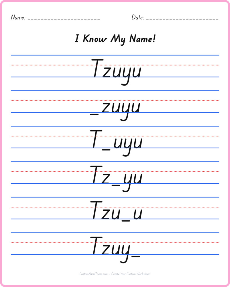 Free Tzuyu custom name tracing - fill-in-the-blank free worksheet