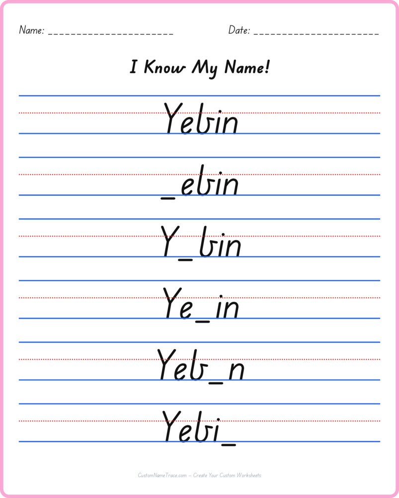 Free Yebin custom name tracing - fill-in-the-blank free worksheet