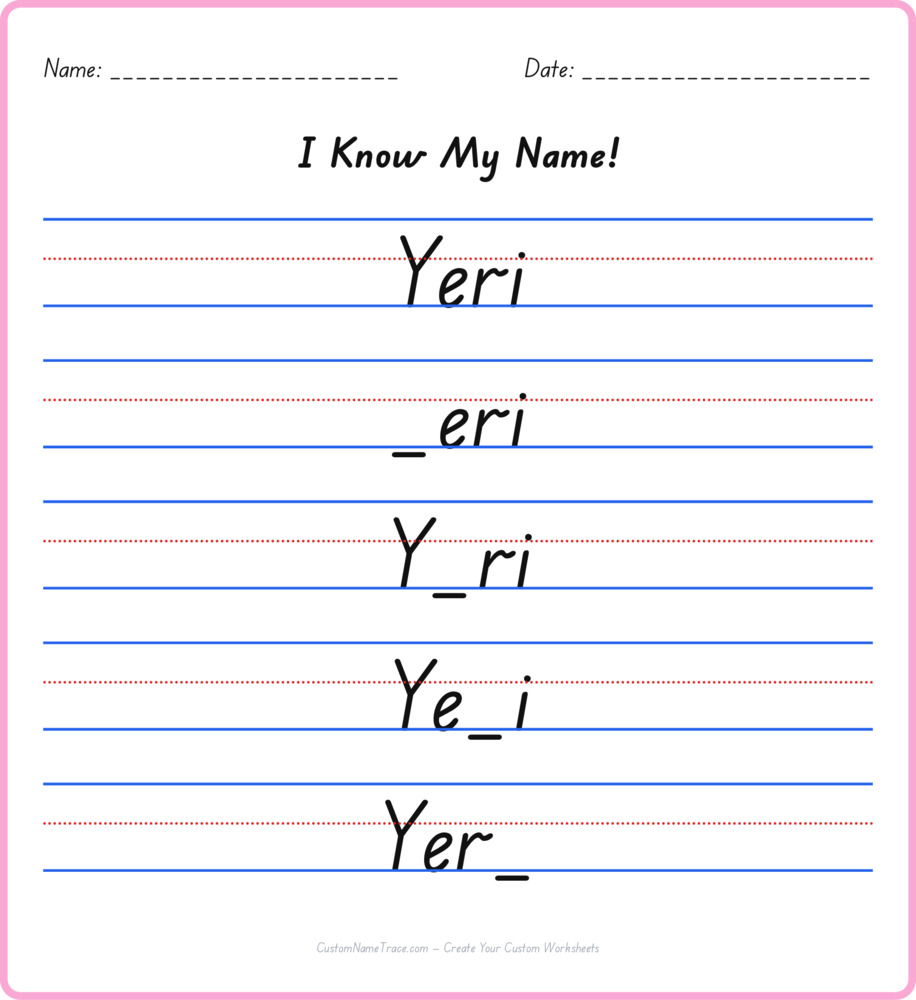 Free Yeri custom name tracing - fill-in-the-blank free worksheet