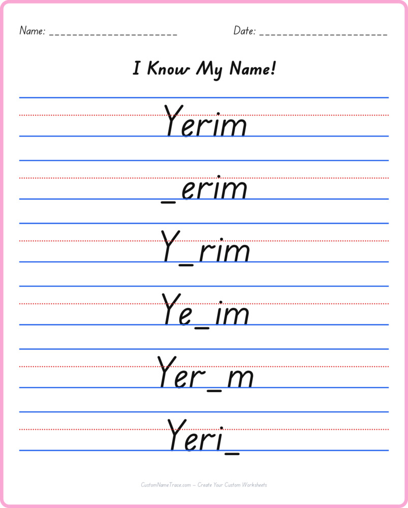 Free Yerim custom name tracing - fill-in-the-blank free worksheet