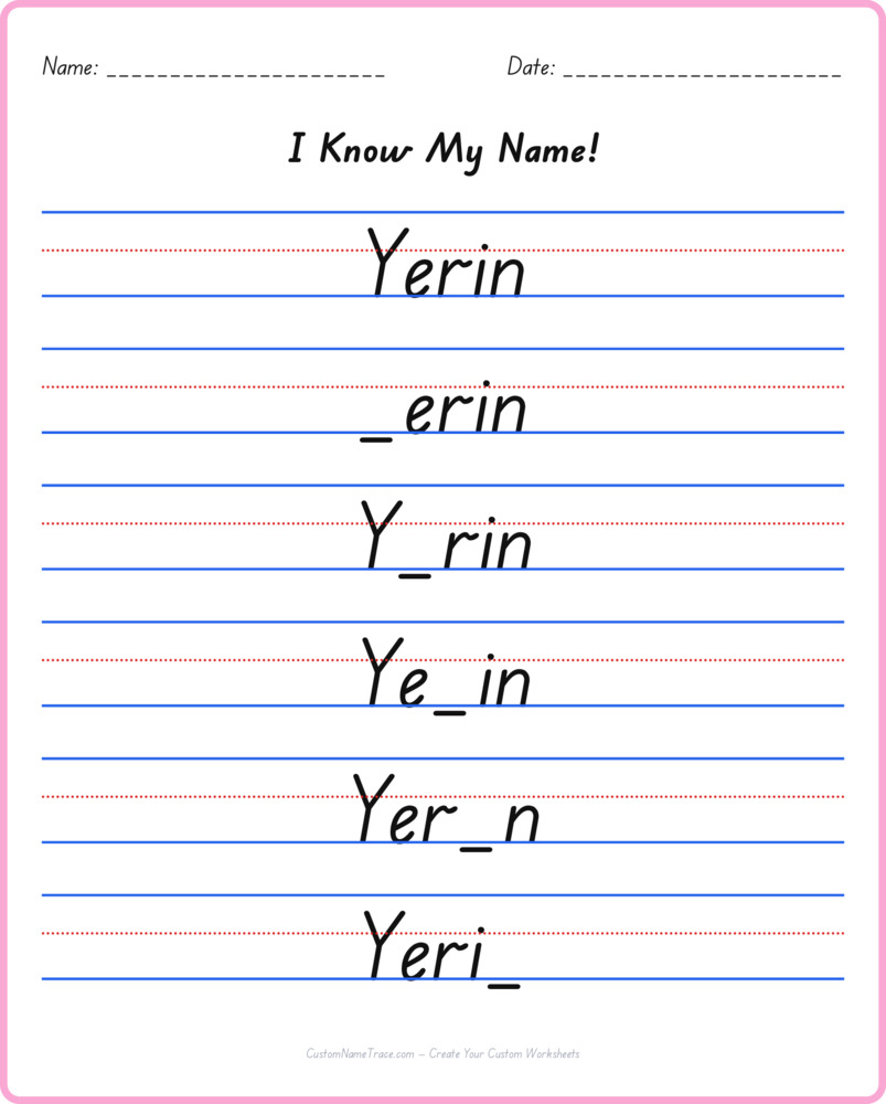 Free Yerin custom name tracing - fill-in-the-blank free worksheet