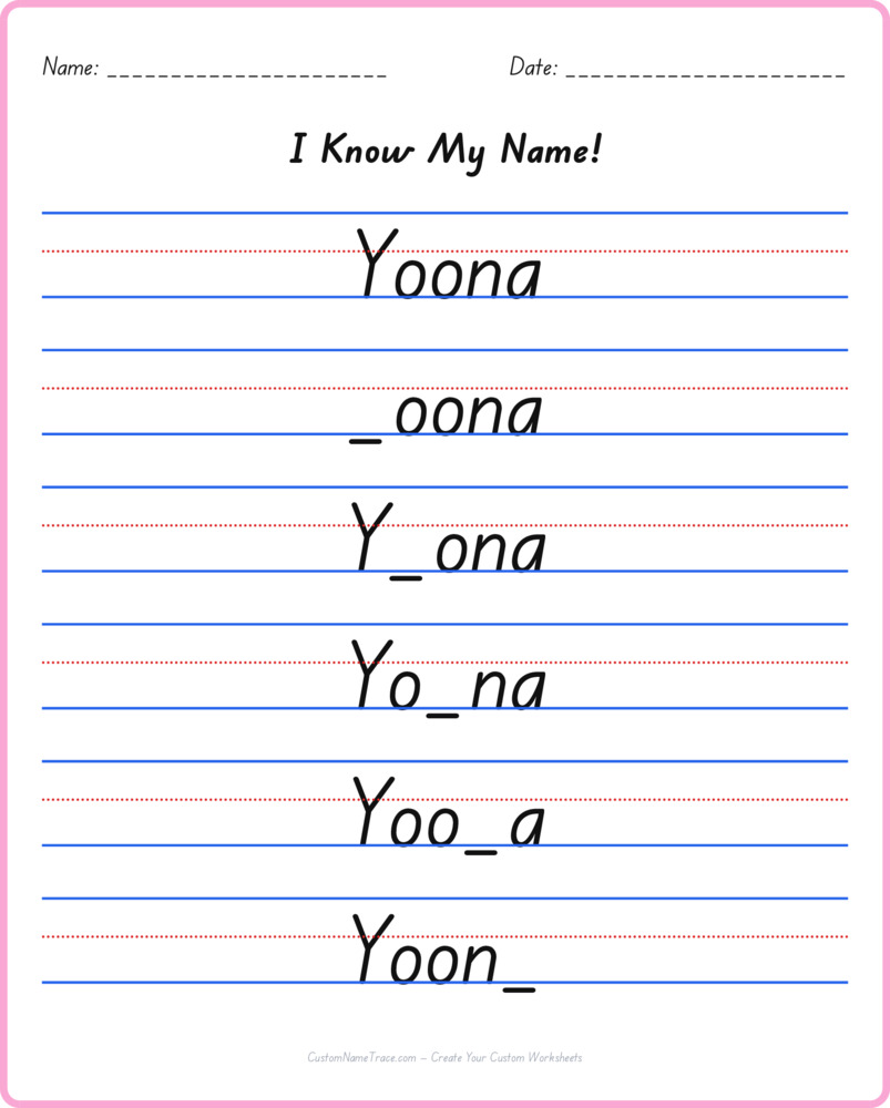 Free Yoona custom name tracing - fill-in-the-blank free worksheet