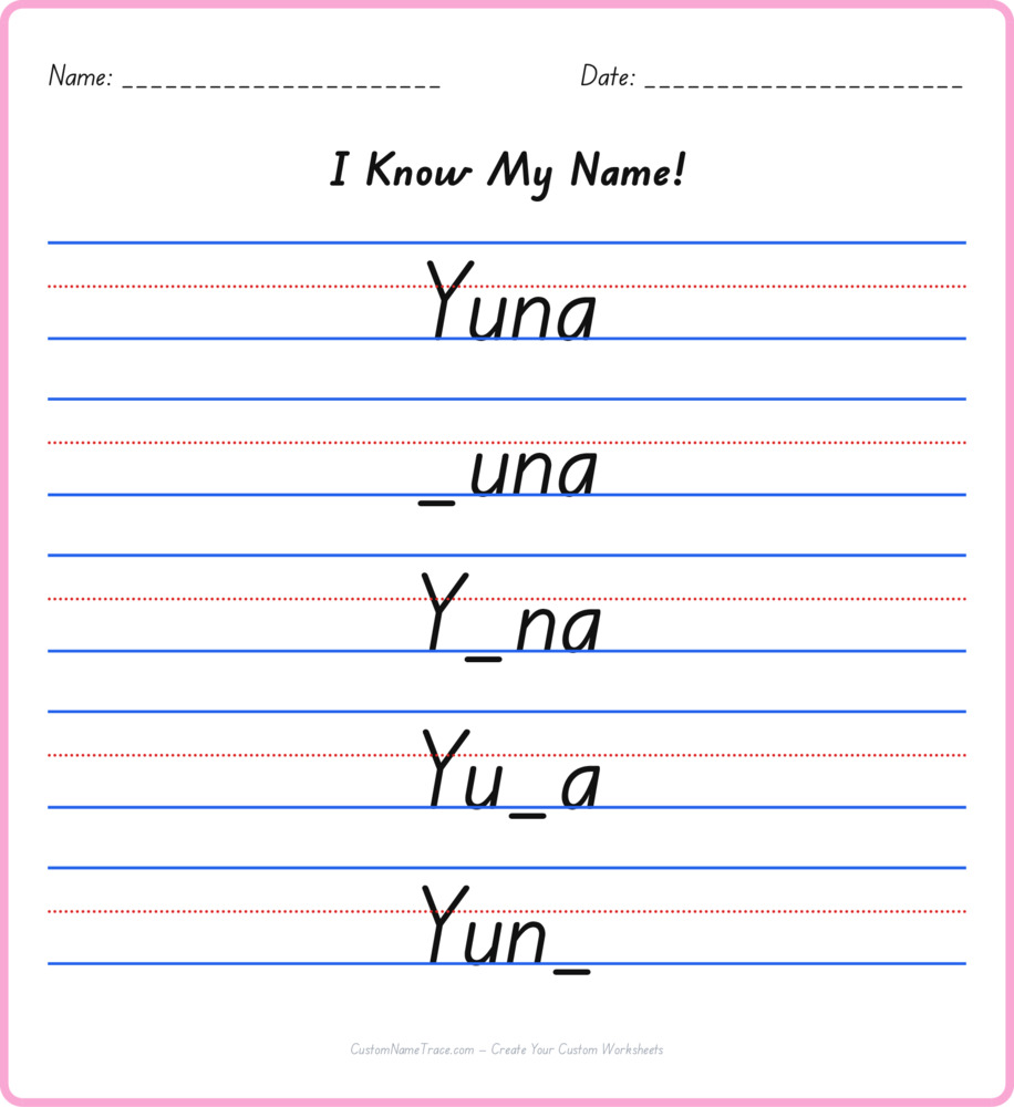 Free Yuna custom name tracing - fill-in-the-blank free worksheet
