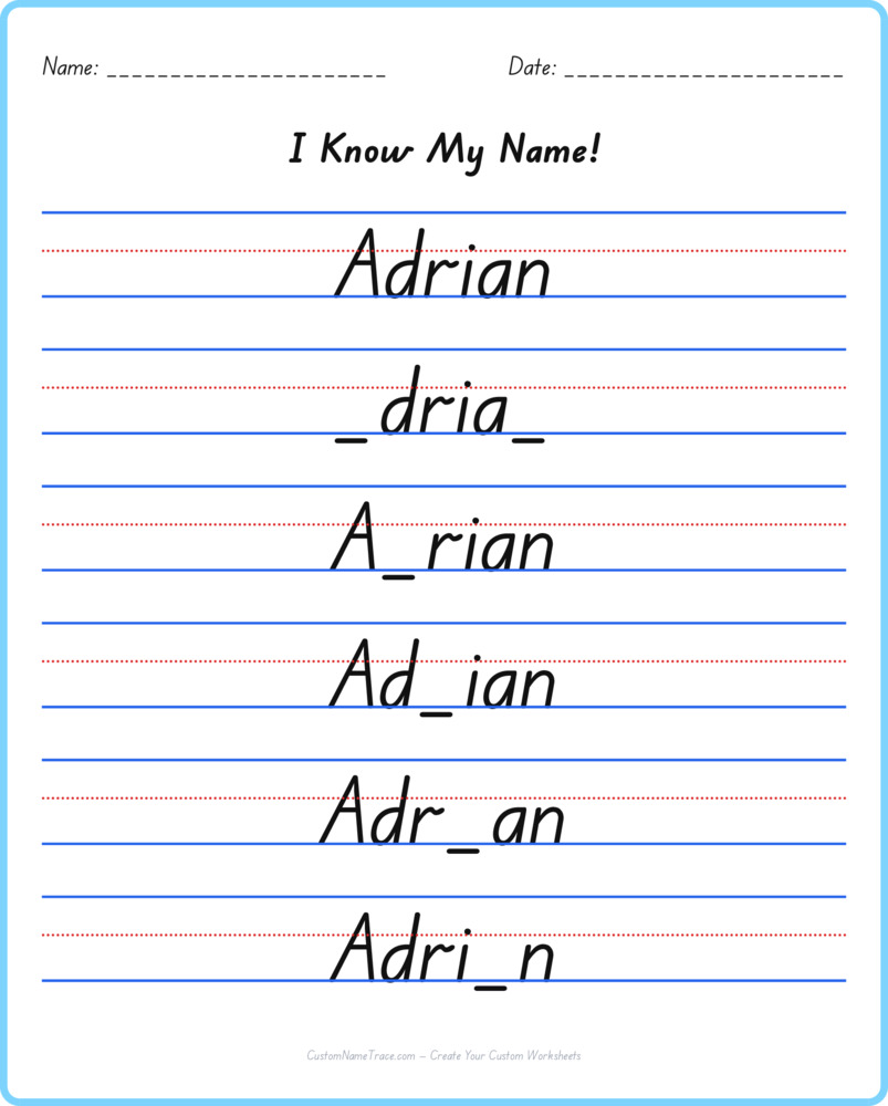 Free Adrian custom name tracing - fill-in-the-blank free worksheet