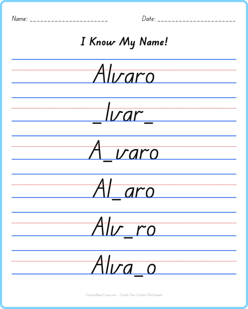 Free Alvaro custom name tracing - fill-in-the-blank free worksheet
