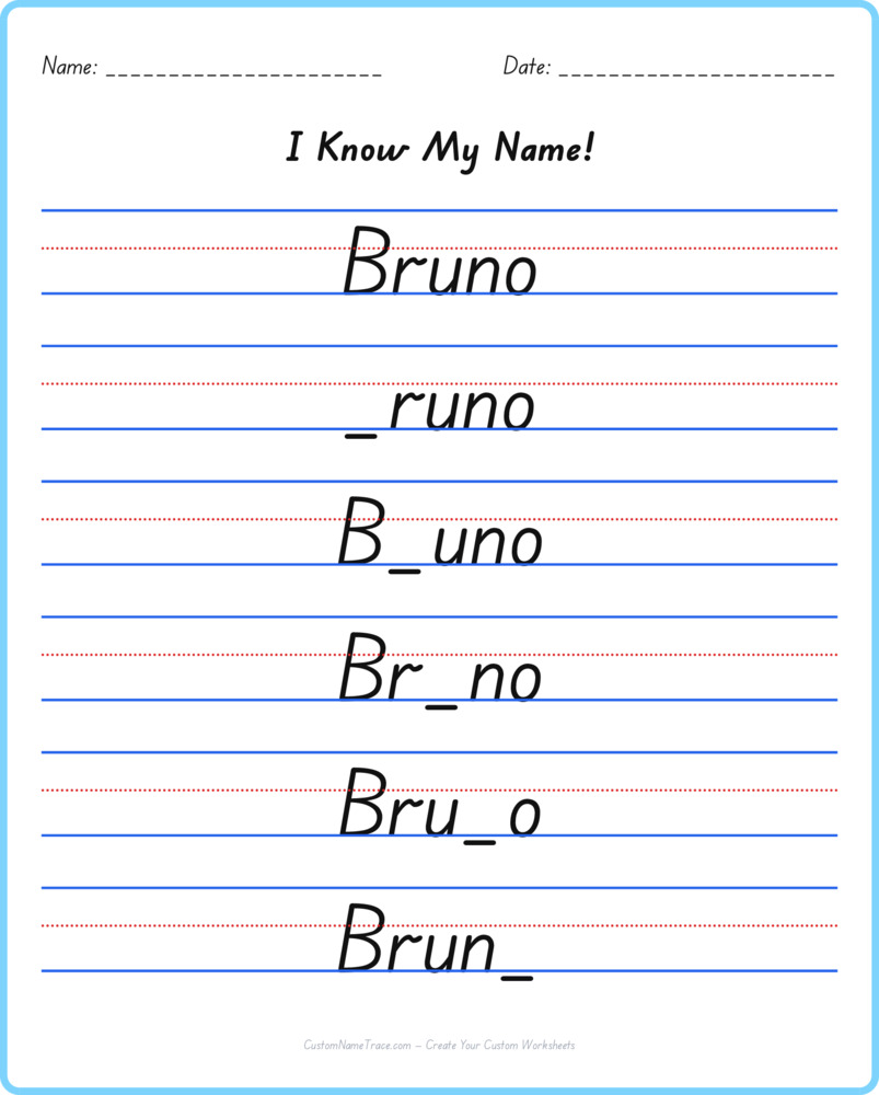 Free Bruno custom name tracing - fill-in-the-blank free worksheet