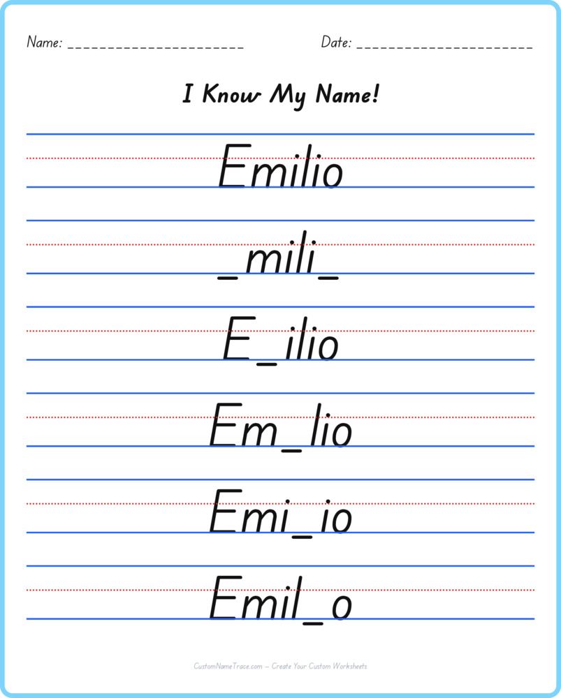 Free Emilio custom name tracing - fill-in-the-blank free worksheet