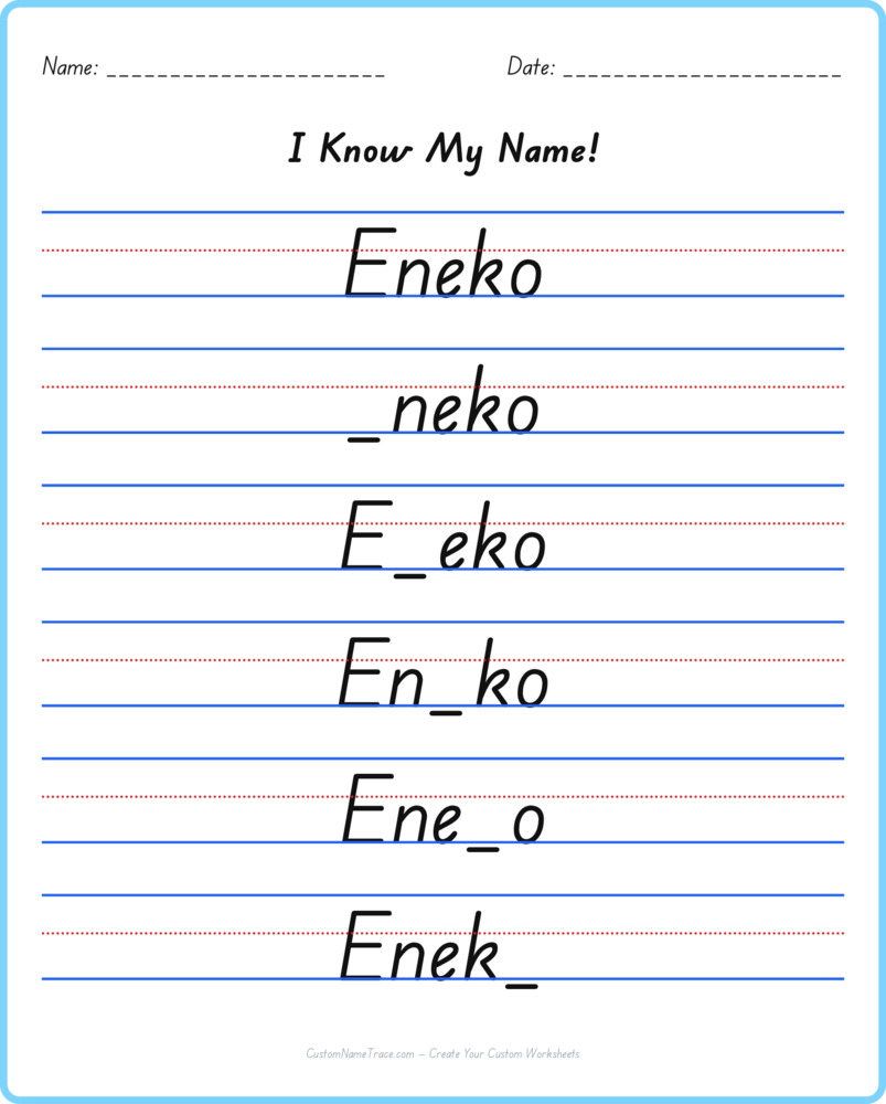 Free Eneko custom name tracing - fill-in-the-blank free worksheet
