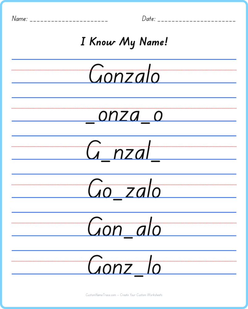 Free Gonzalo custom name tracing - fill-in-the-blank free worksheet