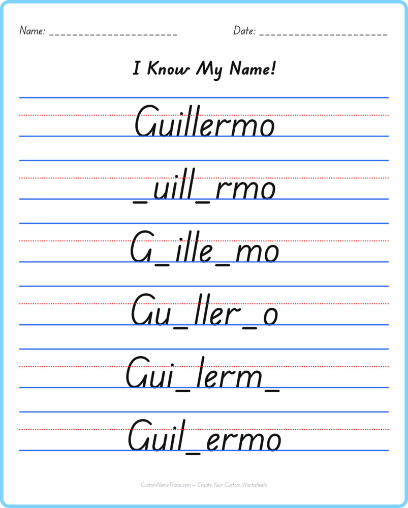 Free Guillermo custom name tracing - fill-in-the-blank free worksheet