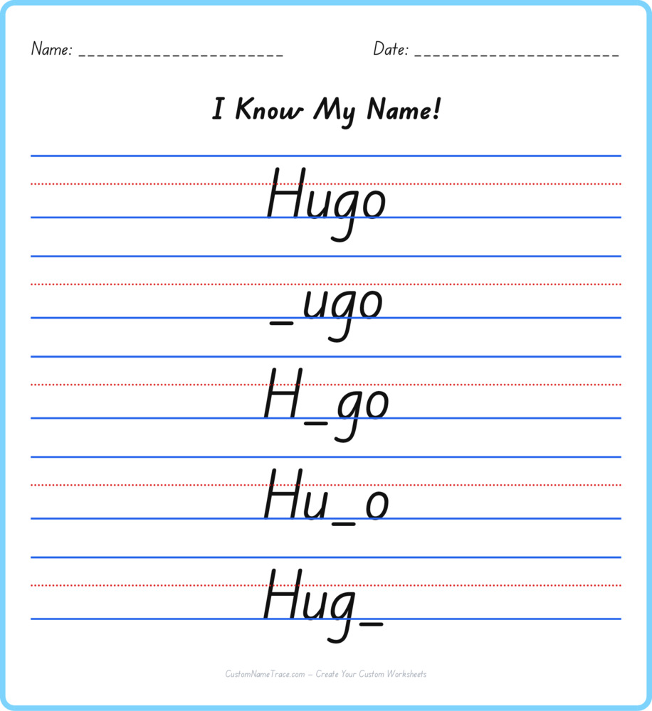 Free Hugo custom name tracing - fill-in-the-blank free worksheet