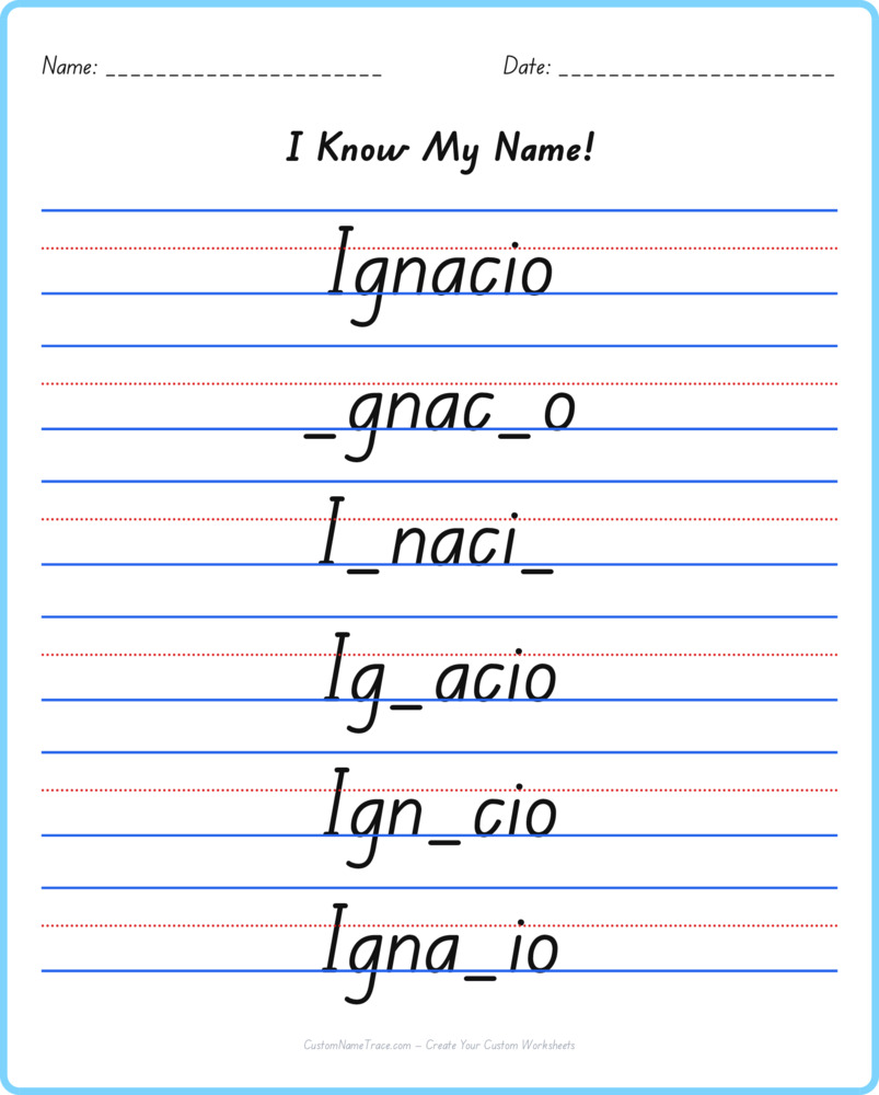 Free Ignacio custom name tracing - fill-in-the-blank free worksheet