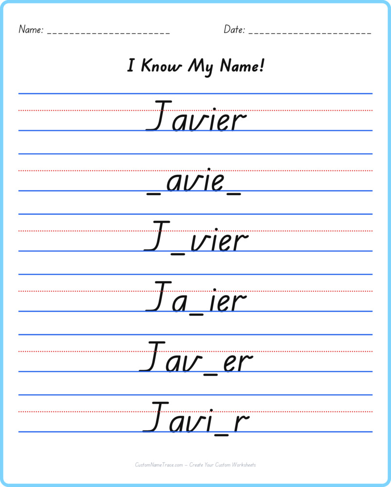 Free Javier custom name tracing - fill-in-the-blank free worksheet