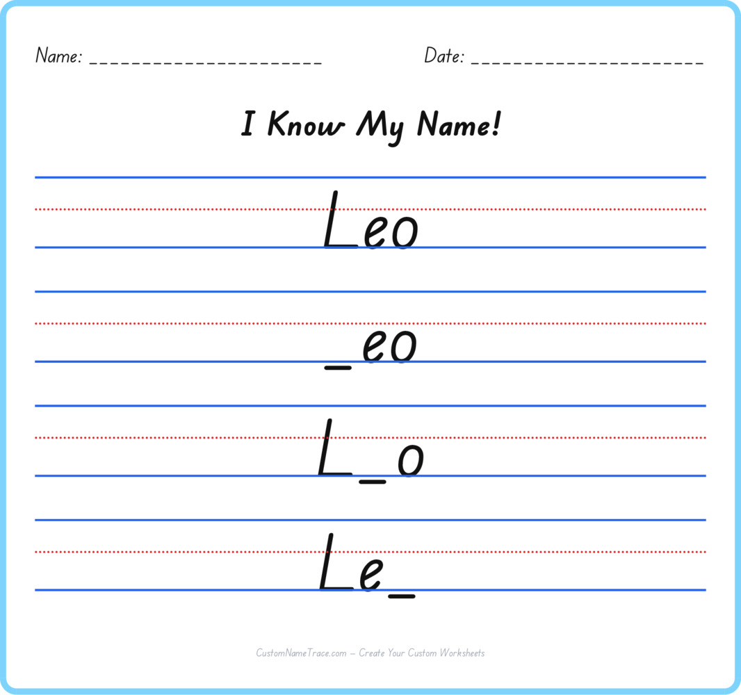 Free Leo custom name tracing - fill-in-the-blank free worksheet