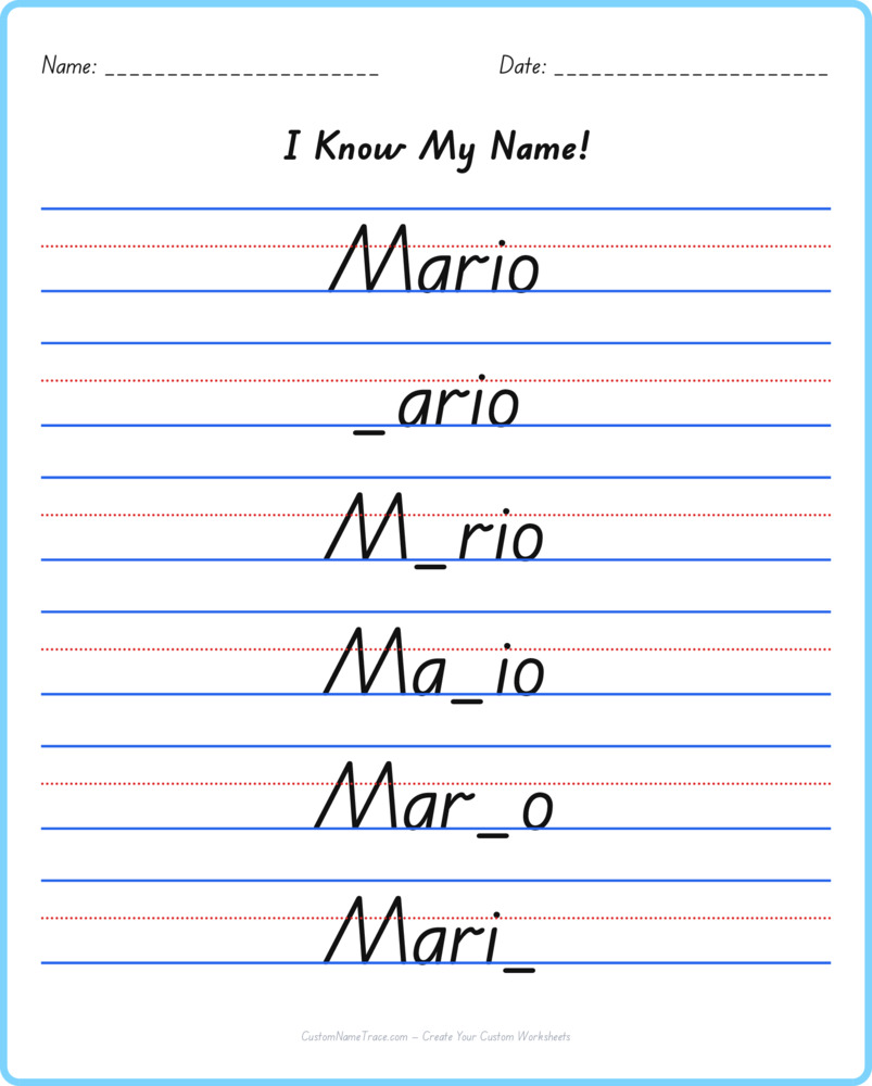 Free Mario custom name tracing - fill-in-the-blank free worksheet