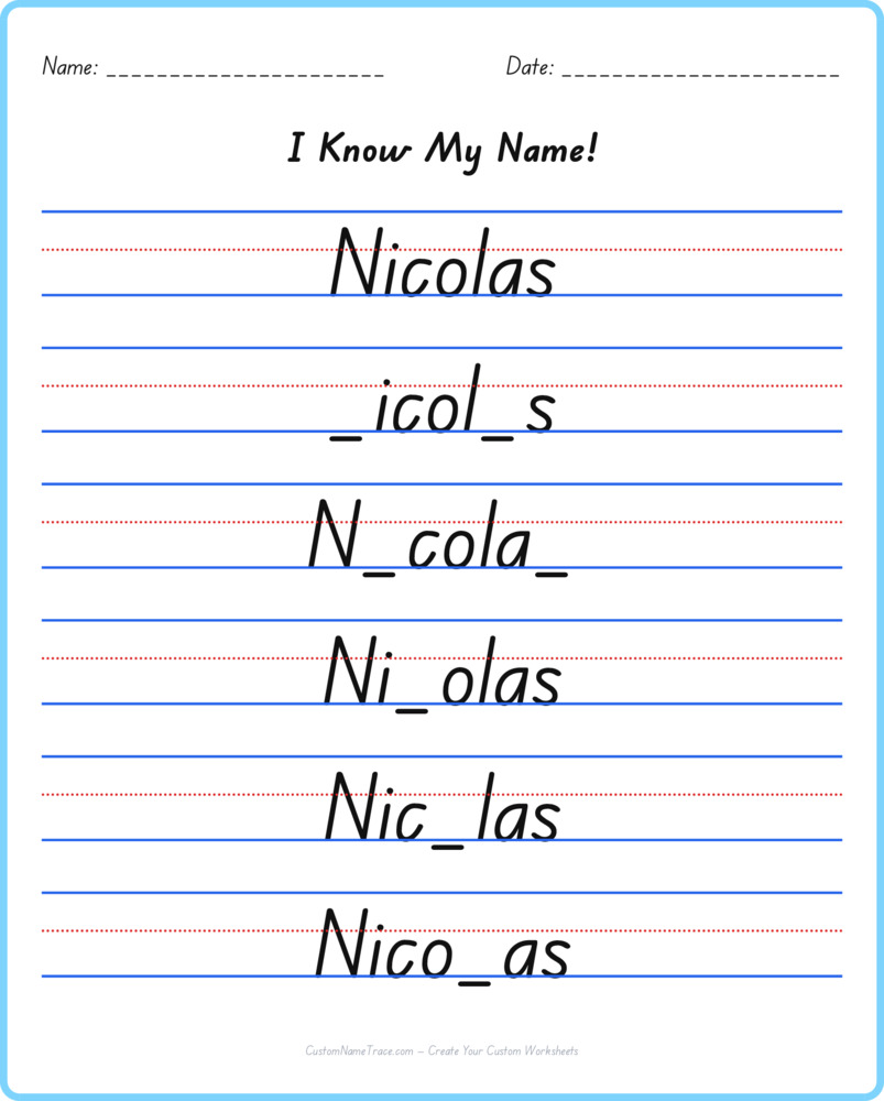 Free Nicolas custom name tracing - fill-in-the-blank free worksheet