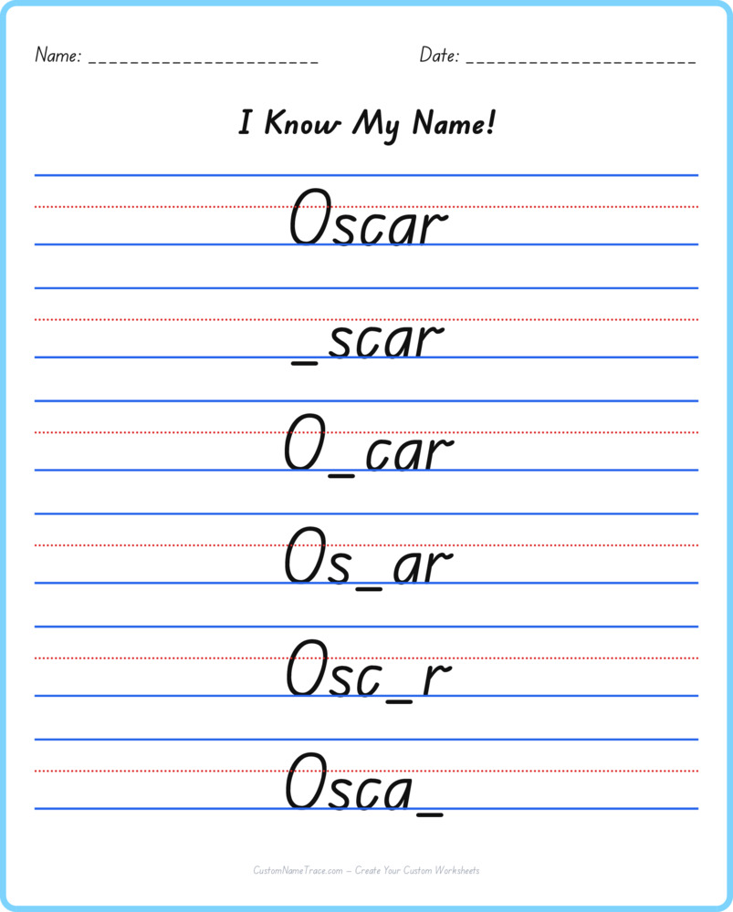Free Oscar custom name tracing - fill-in-the-blank free worksheet